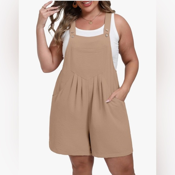 NWT- Soft Tan Overall 
Shorts Romper with Pockets
Classic and comfortable - Picture 6 of 7
